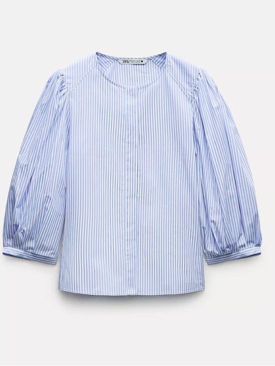 Zara Tops - Zara Blouse Cotton Striped Puff Sleeve |Blue White | M